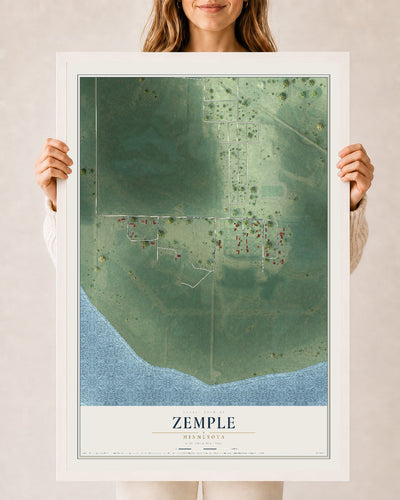Map of Zemple, Minnesota, 24 x 36 inch print in a white wood frame