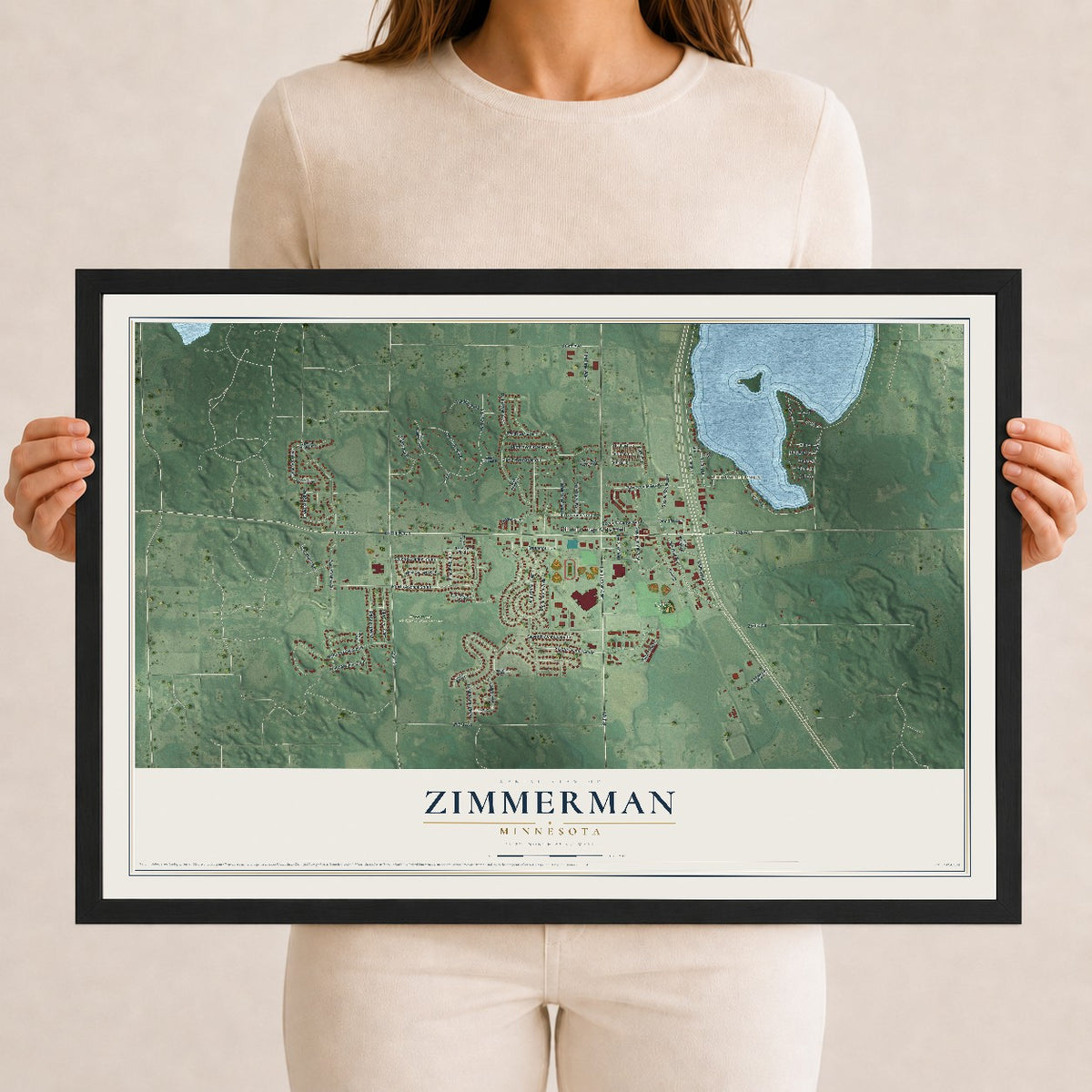 Map of Zimmerman, Minnesota, 12 x 18 inch print in a black wood frame