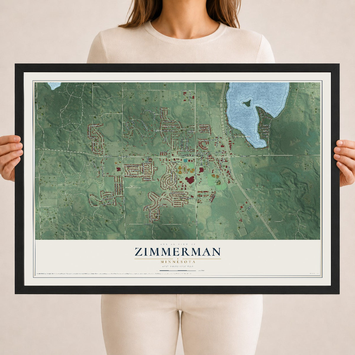 Map of Zimmerman, Minnesota, 18 x 24 inch print in a black wood frame