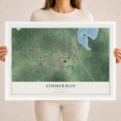 Map of Zimmerman, Minnesota, 18 x 24 inch print in a white wood frame