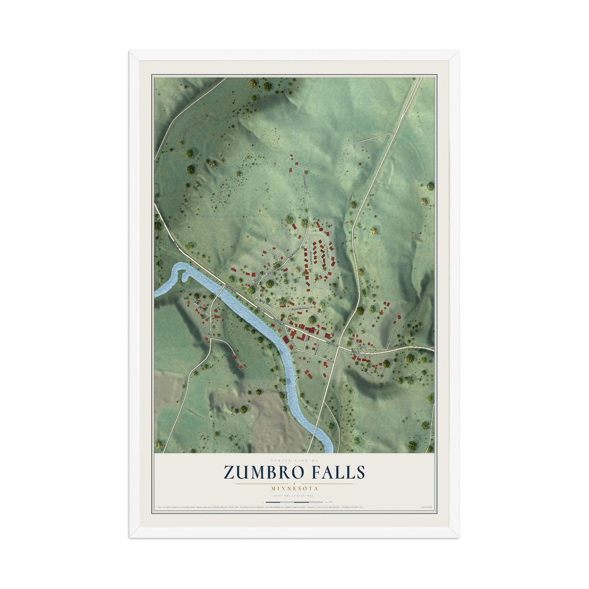 Map of Zumbro Falls, Minnesota, 12 x 18 inch print in a white wood frame