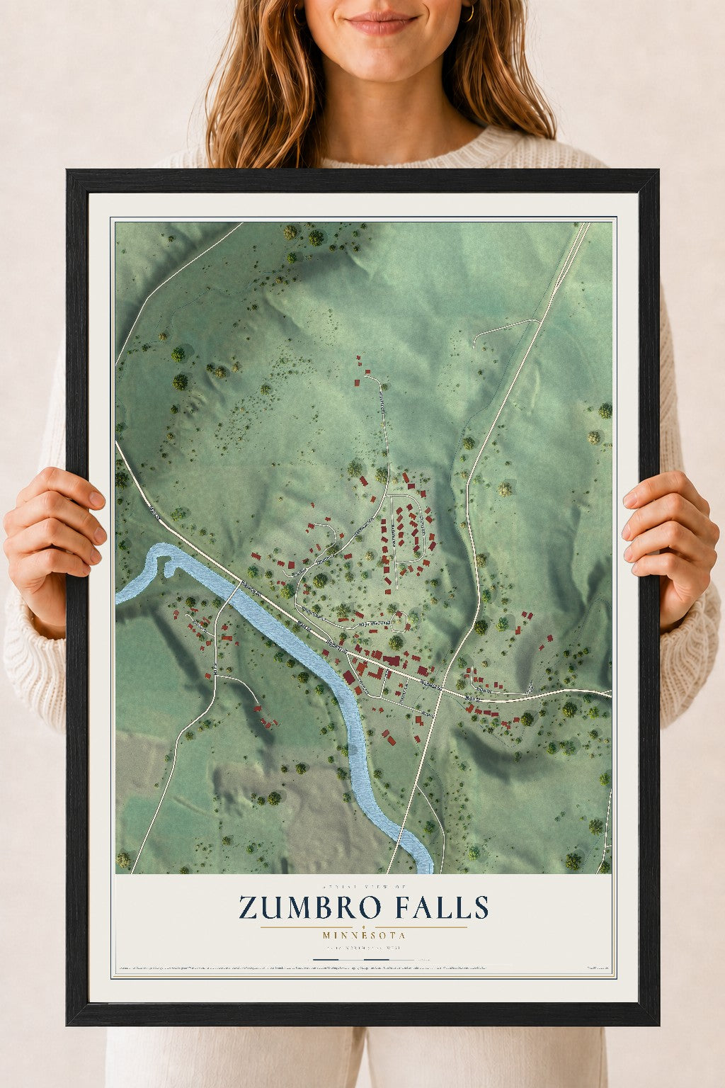 Map of Zumbro Falls, Minnesota, 18 x 24 inch print in a black wood frame