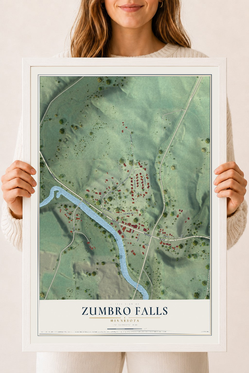 Map of Zumbro Falls, Minnesota, 18 x 24 inch print in a white wood frame