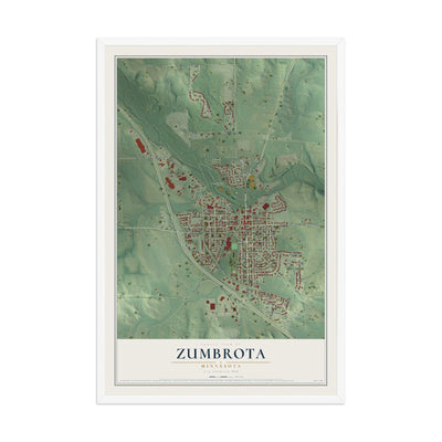 Map of Zumbrota, Minnesota, 12 x 18 inch print in a white wood frame