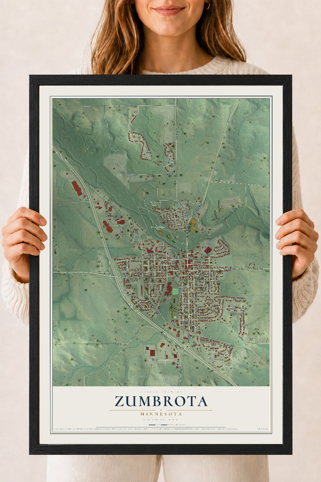Map of Zumbrota, Minnesota, 18 x 24 inch print in a black wood frame