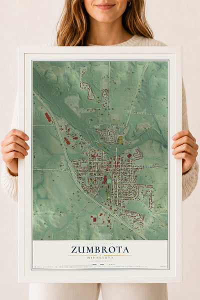 Map of Zumbrota, Minnesota, 18 x 24 inch print in a white wood frame
