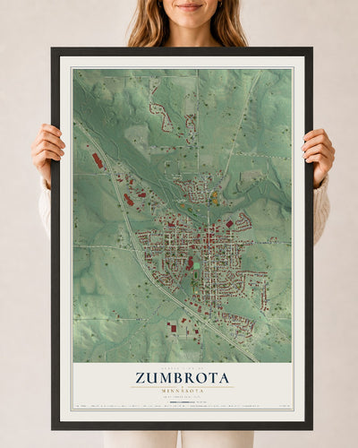 Map of Zumbrota, Minnesota, 24 x 36 inch print in a black wood frame