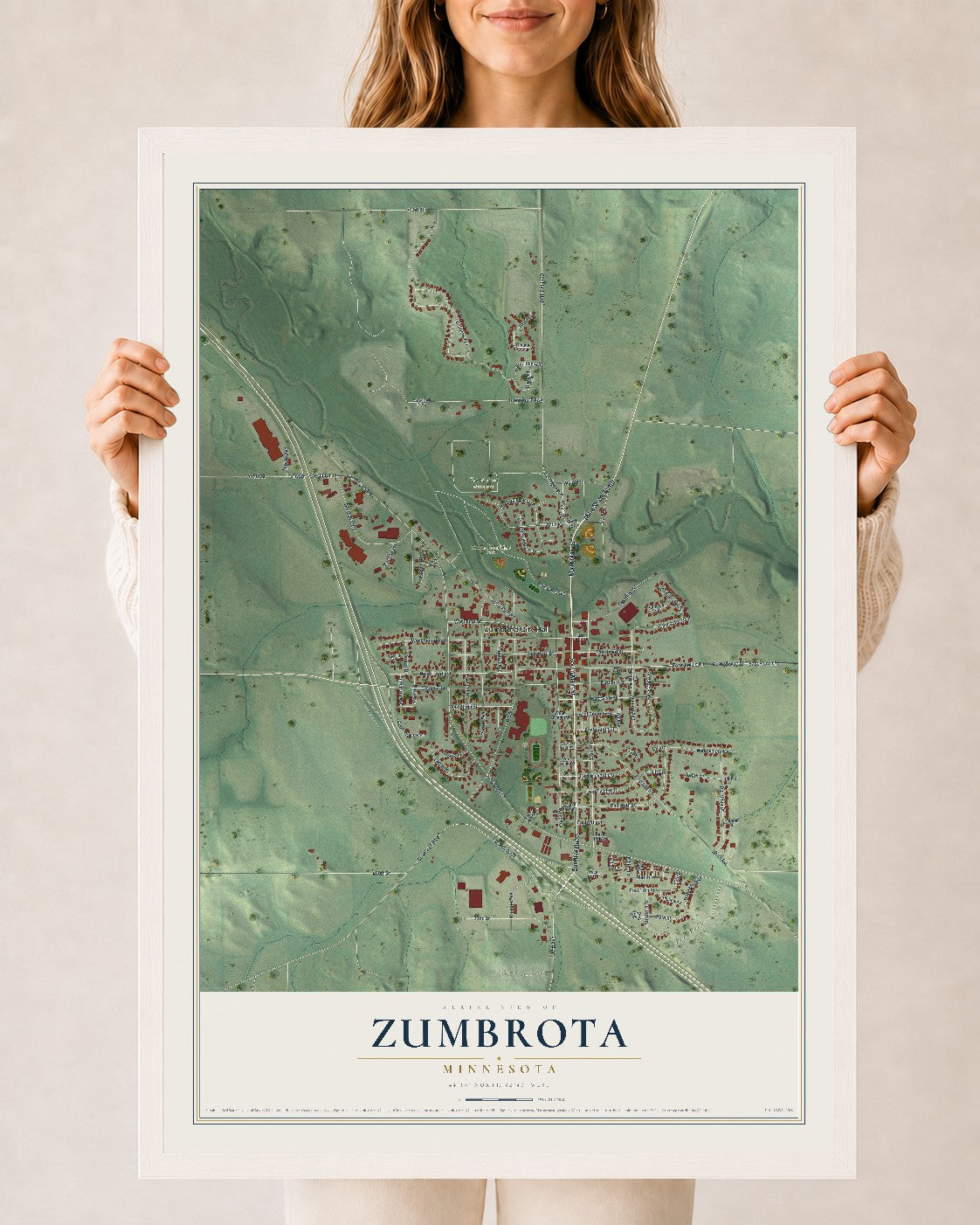 Map of Zumbrota, Minnesota, 24 x 36 inch print in a white wood frame