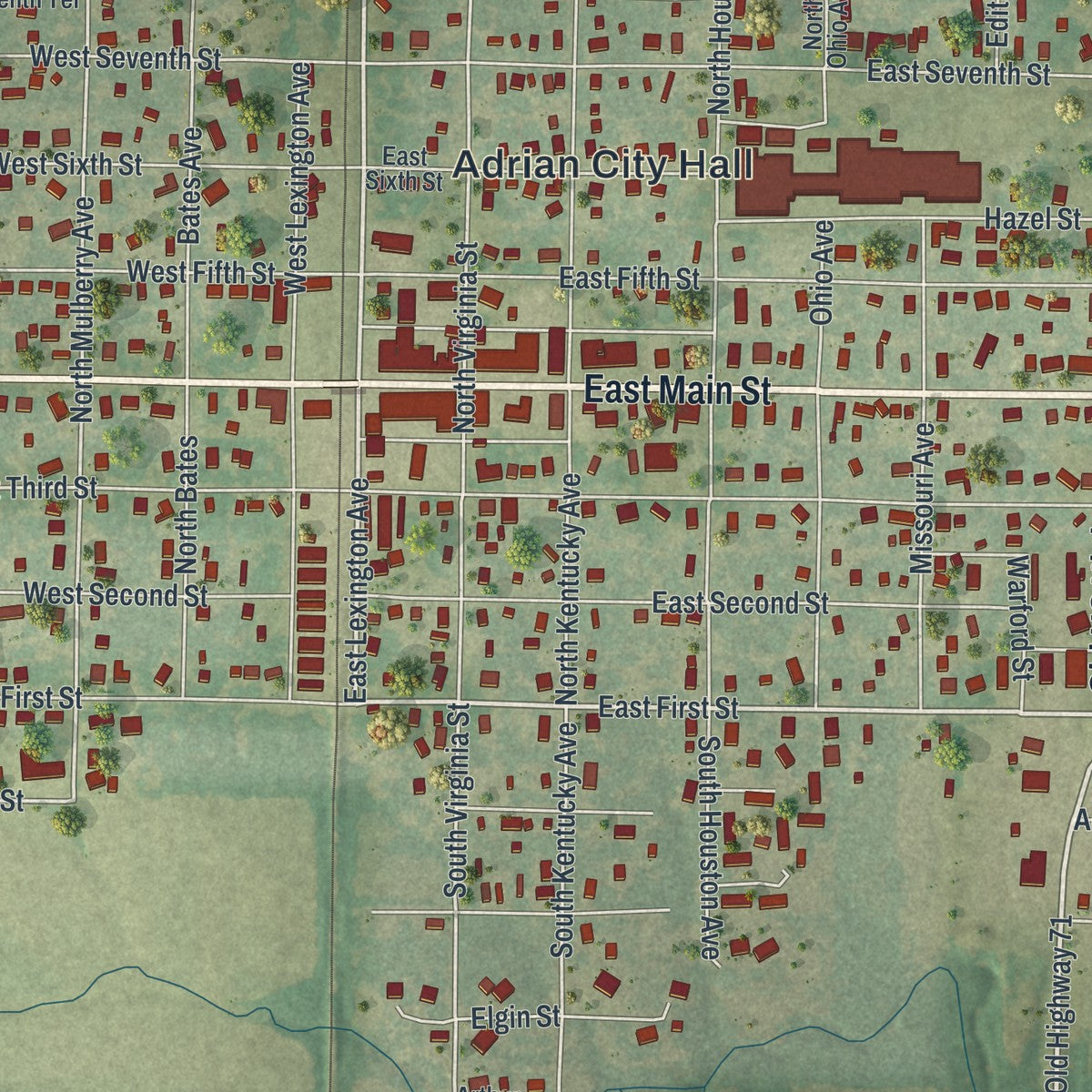 Close-up of the map of Adrian, Missouri print showing street and building detail
