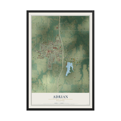 Map of Adrian, Missouri, 12 x 18 inch print in a black wood frame