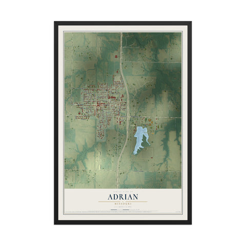 Map of Adrian, Missouri, 12 x 18 inch print in a black wood frame