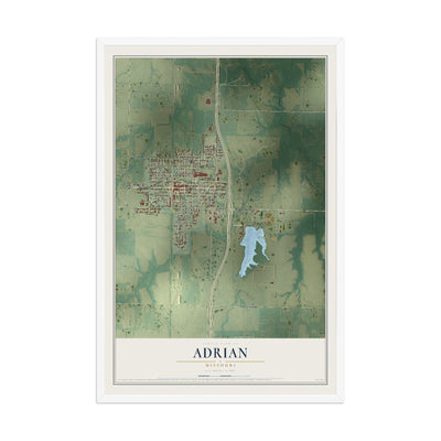 Map of Adrian, Missouri, 12 x 18 inch print in a white wood frame