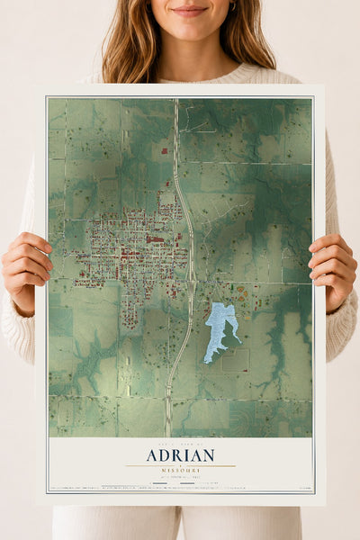 Map of Adrian, Missouri, 18 x 24 inch unframed archival matte print