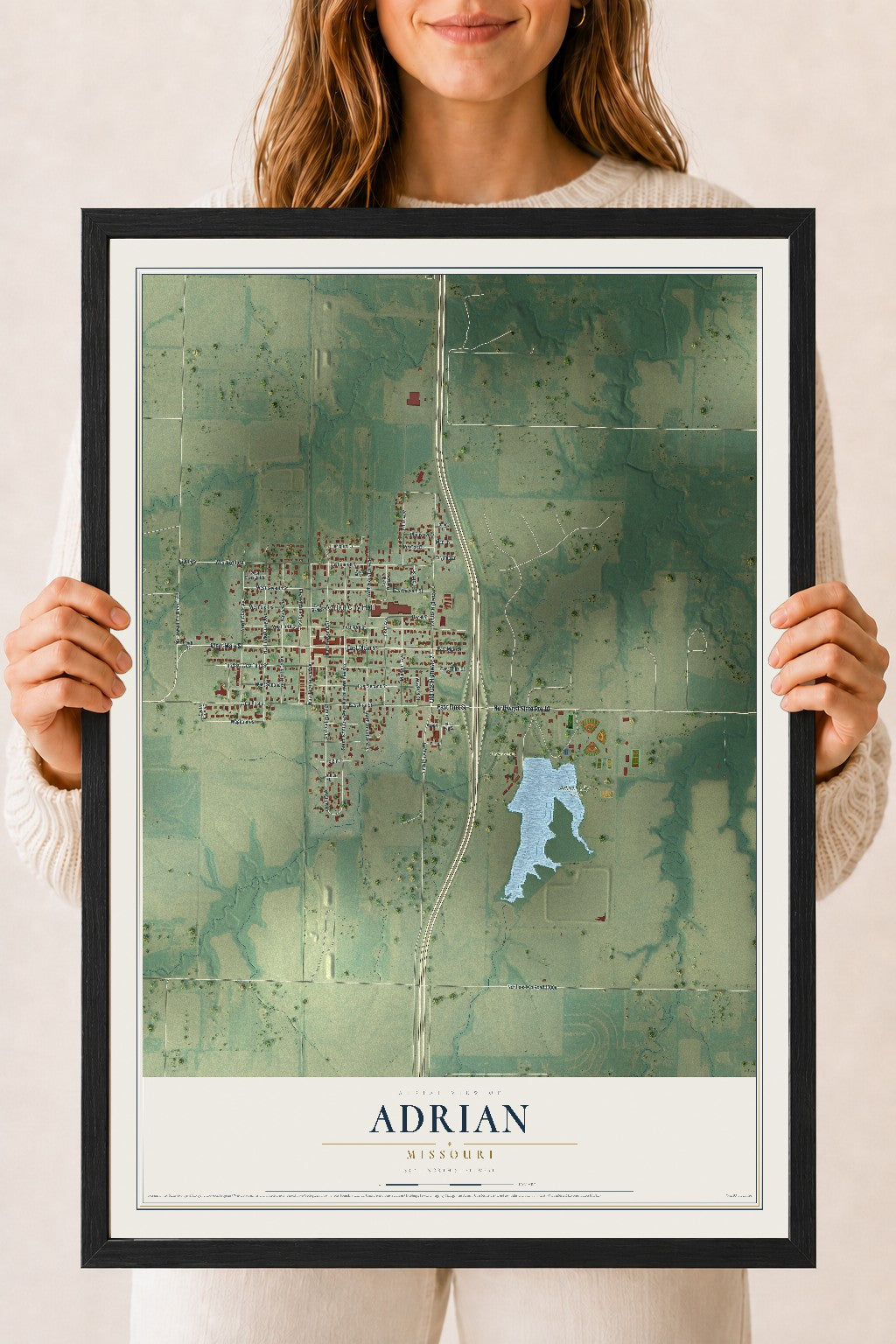 Map of Adrian, Missouri, 18 x 24 inch print in a black wood frame