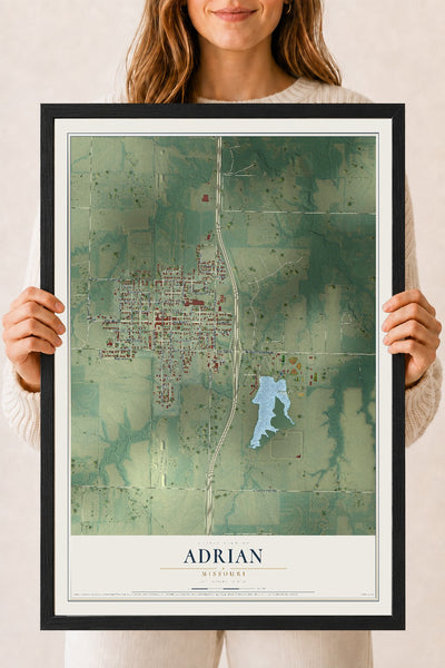 Map of Adrian, Missouri, 18 x 24 inch print in a black wood frame