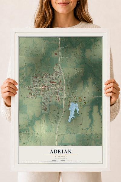Map of Adrian, Missouri, 18 x 24 inch print in a white wood frame