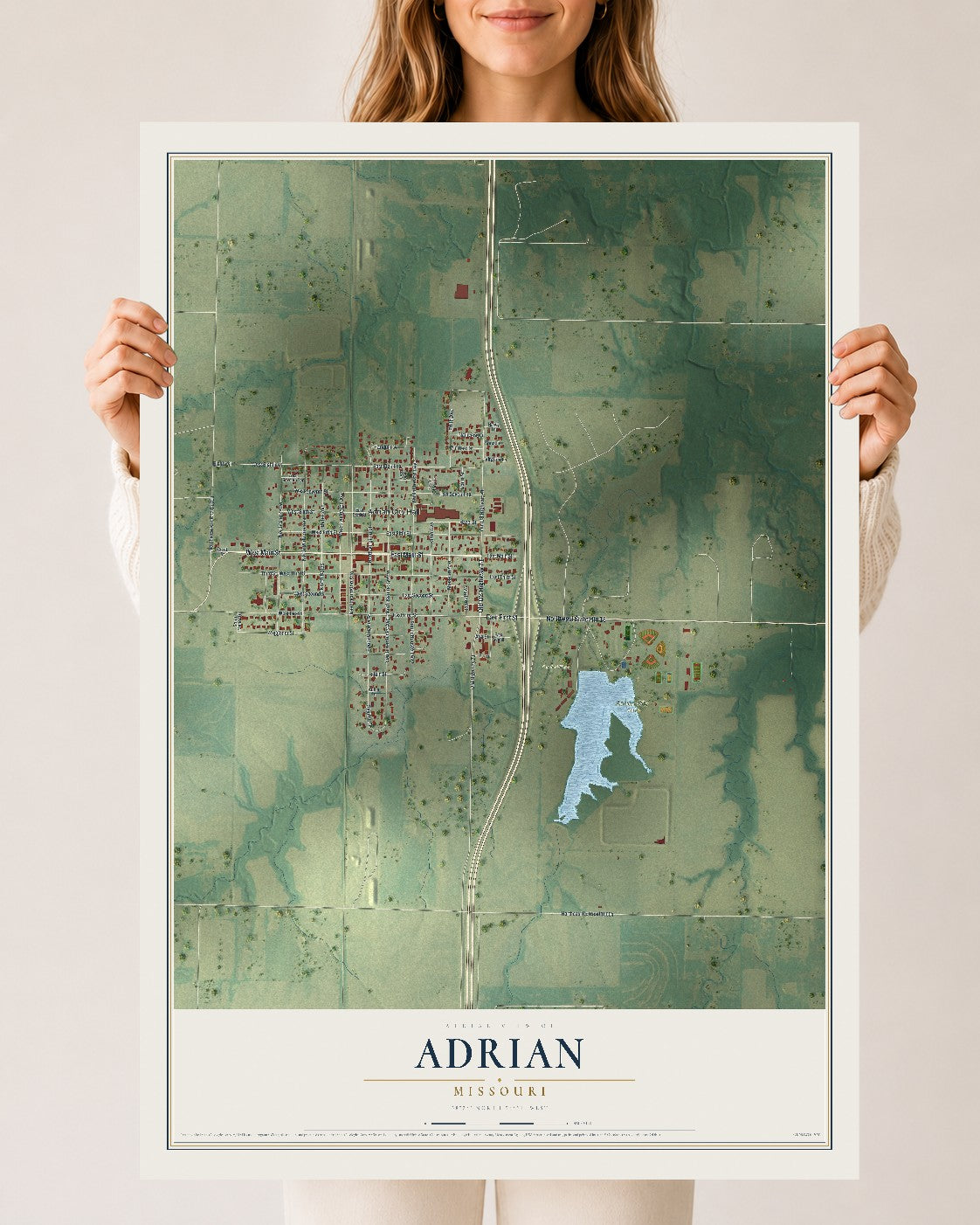 Map of Adrian, Missouri, 24 x 36 inch unframed archival matte print