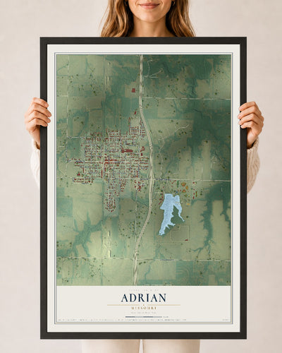 Map of Adrian, Missouri, 24 x 36 inch print in a black wood frame