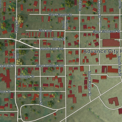 Close-up of the map of Advance, Missouri print showing street and building detail