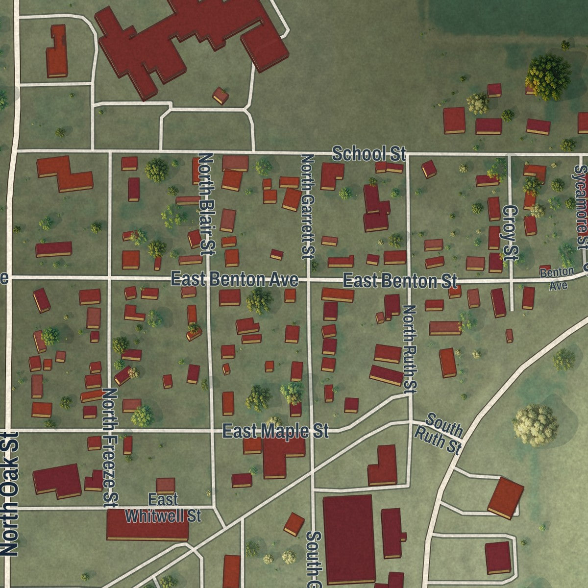 Second close-up of the map of Advance, Missouri print showing more streets and buildings