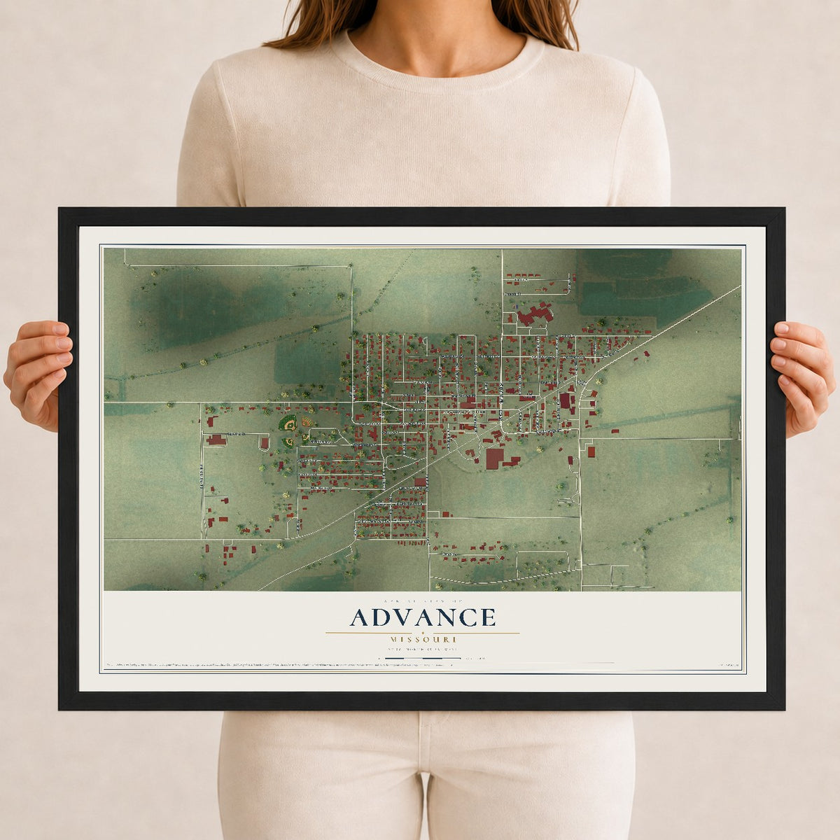 Map of Advance, Missouri, 12 x 18 inch print in a black wood frame