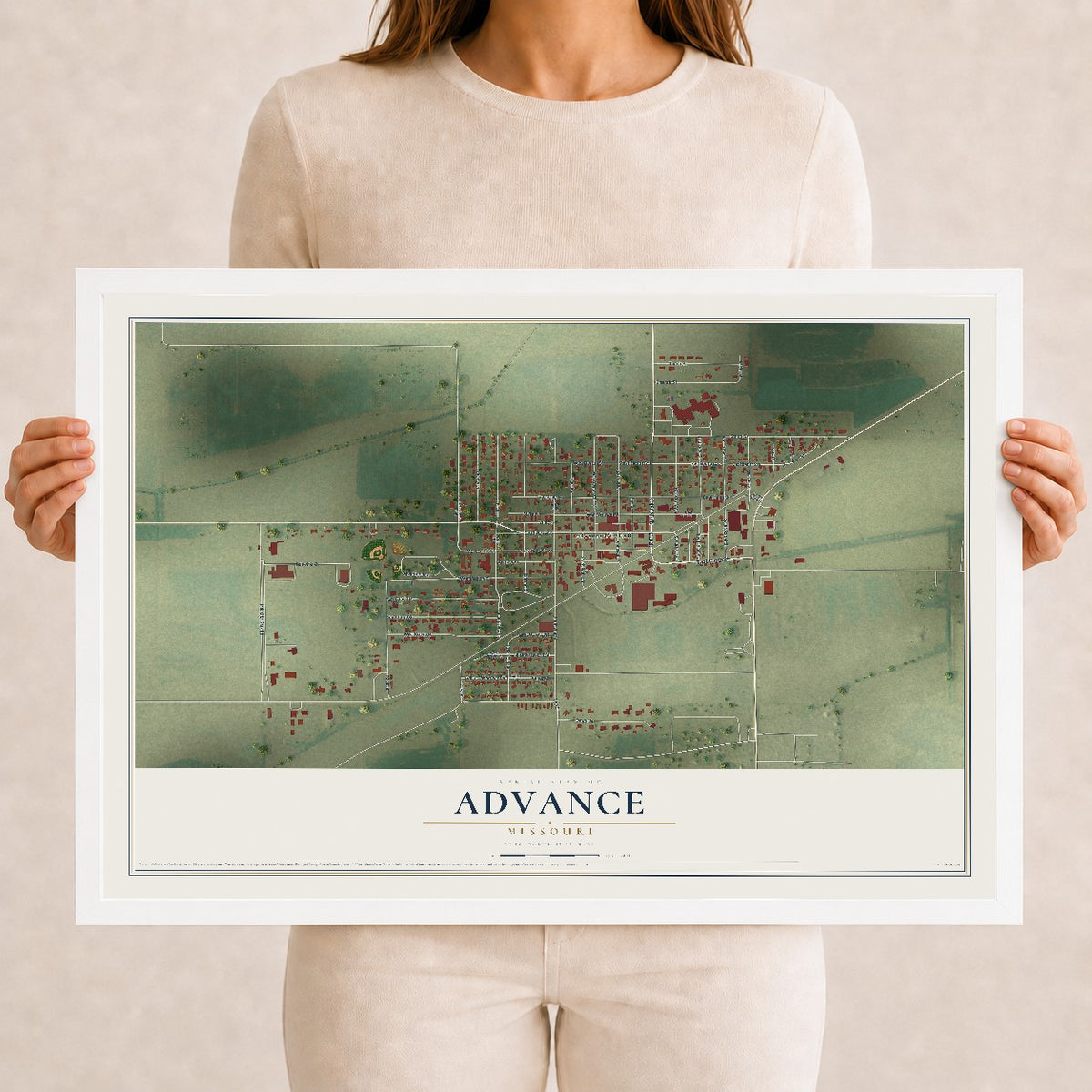 Map of Advance, Missouri, 12 x 18 inch print in a white wood frame