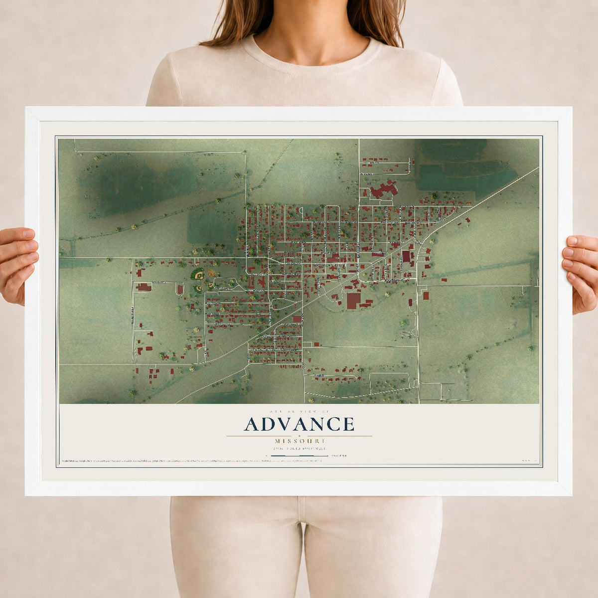 Map of Advance, Missouri, 18 x 24 inch print in a white wood frame
