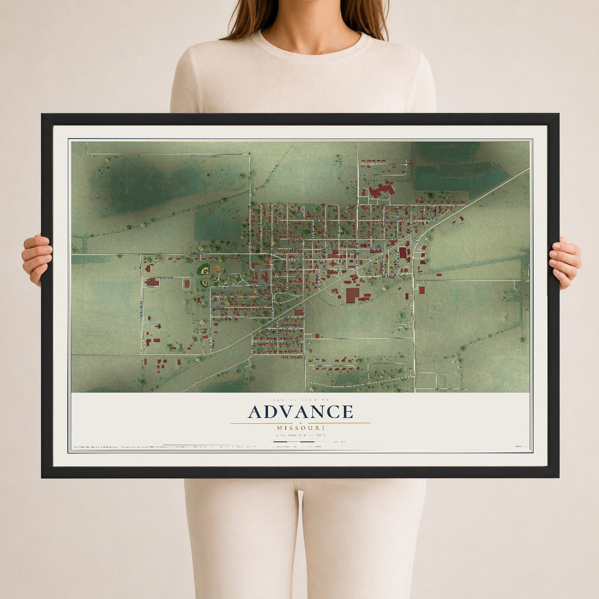 Map of Advance, Missouri, 24 x 36 inch print in a black wood frame