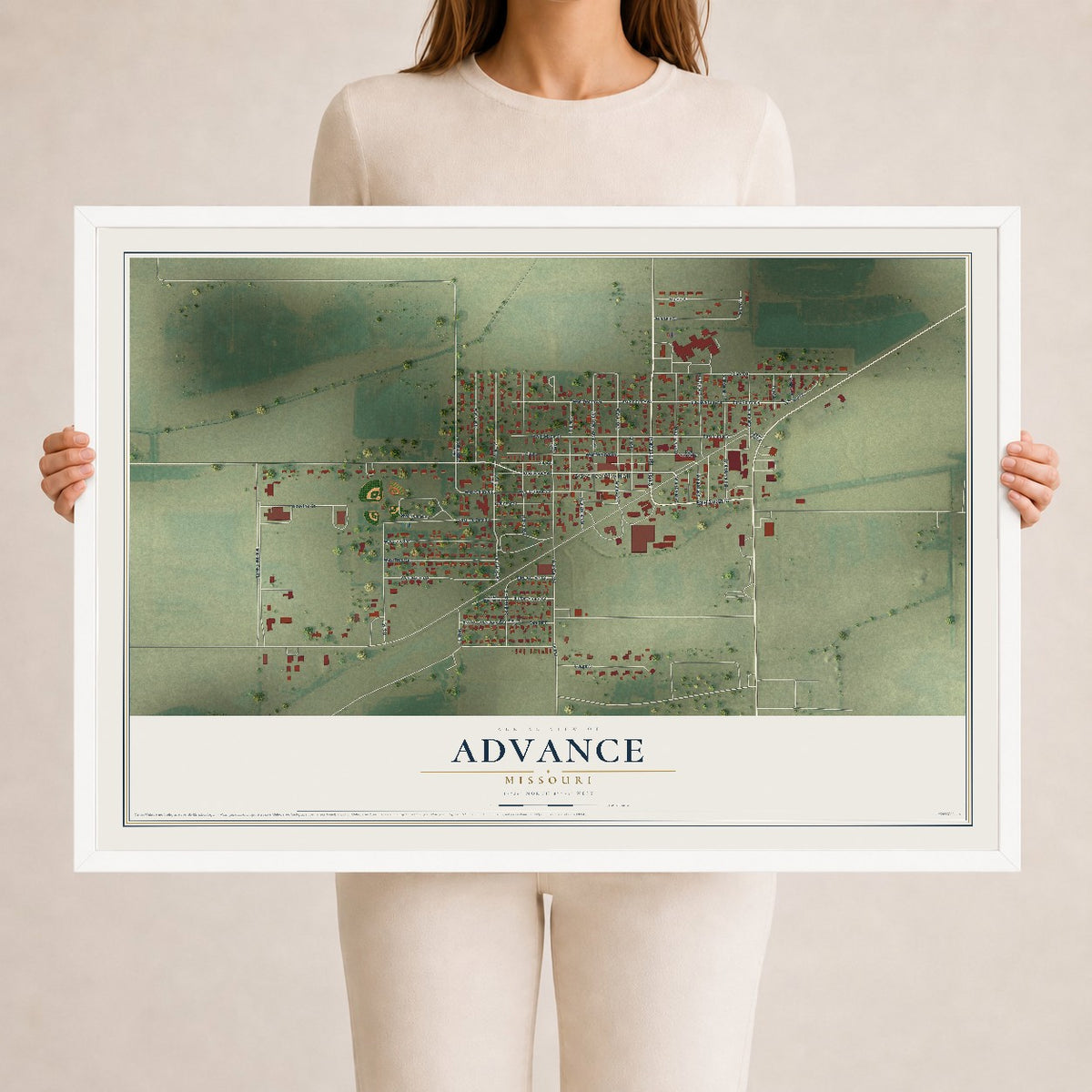 Map of Advance, Missouri, 24 x 36 inch print in a white wood frame
