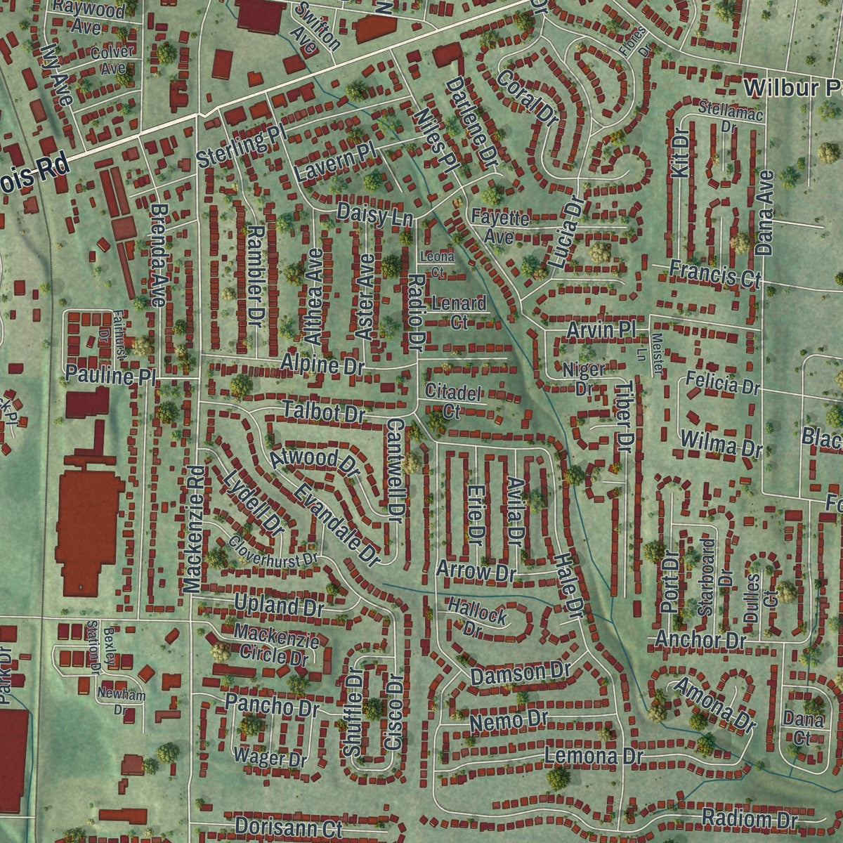 Close-up of the map of Affton, Missouri print showing street and building detail