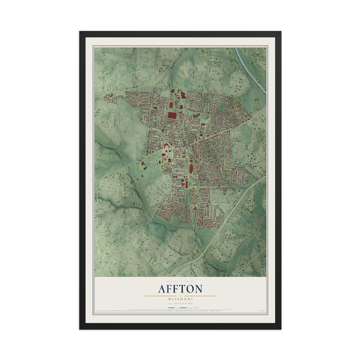 Map of Affton, Missouri, 12 x 18 inch print in a black wood frame