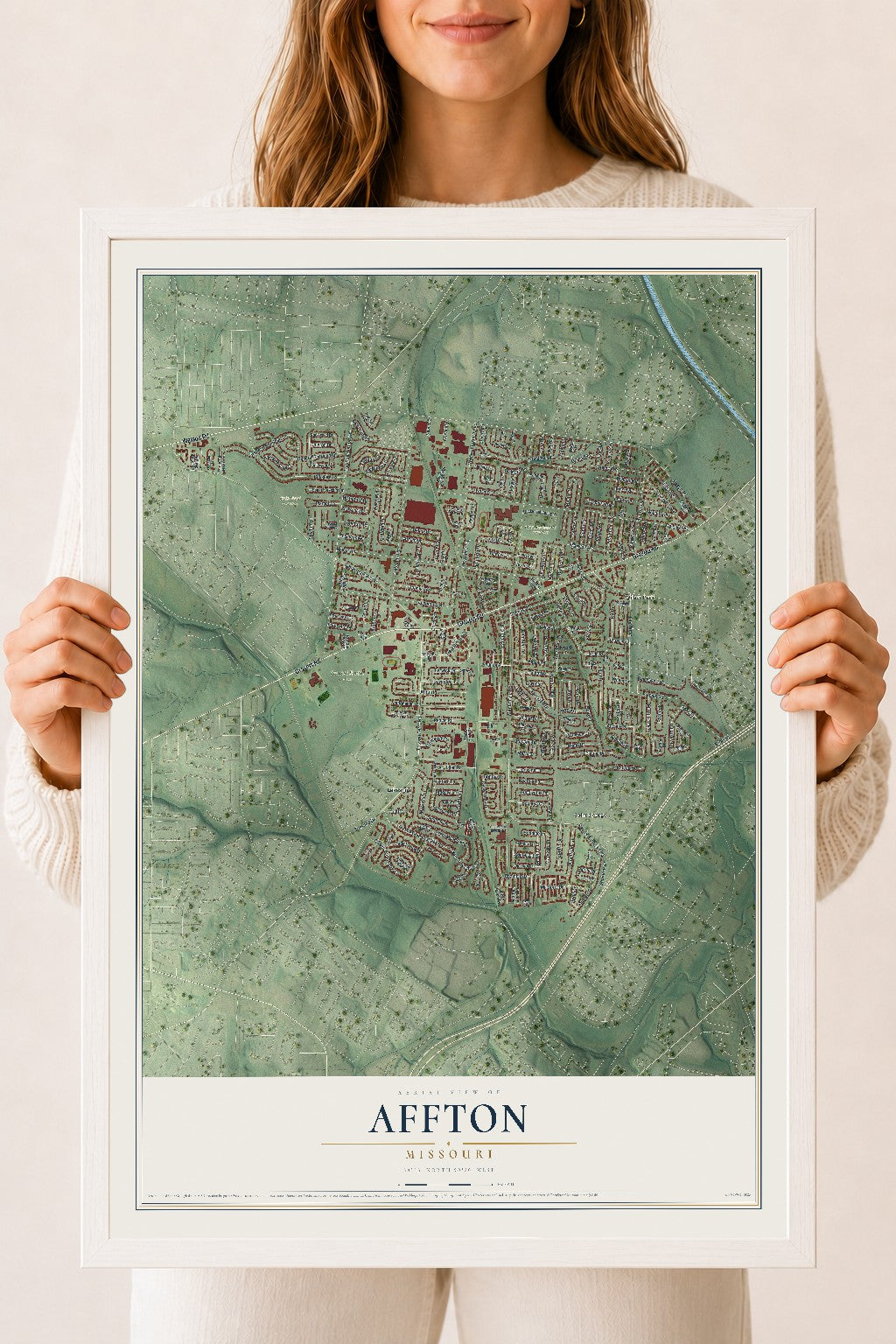 Map of Affton, Missouri, 18 x 24 inch print in a white wood frame
