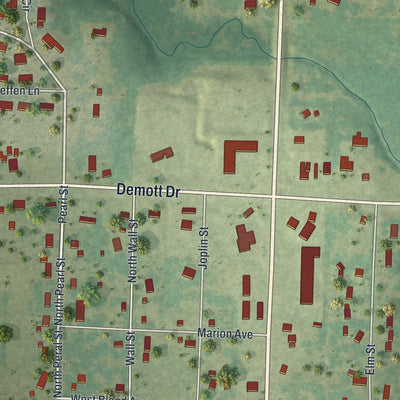 Close-up of the map of Airport Drive, Missouri print showing street and building detail