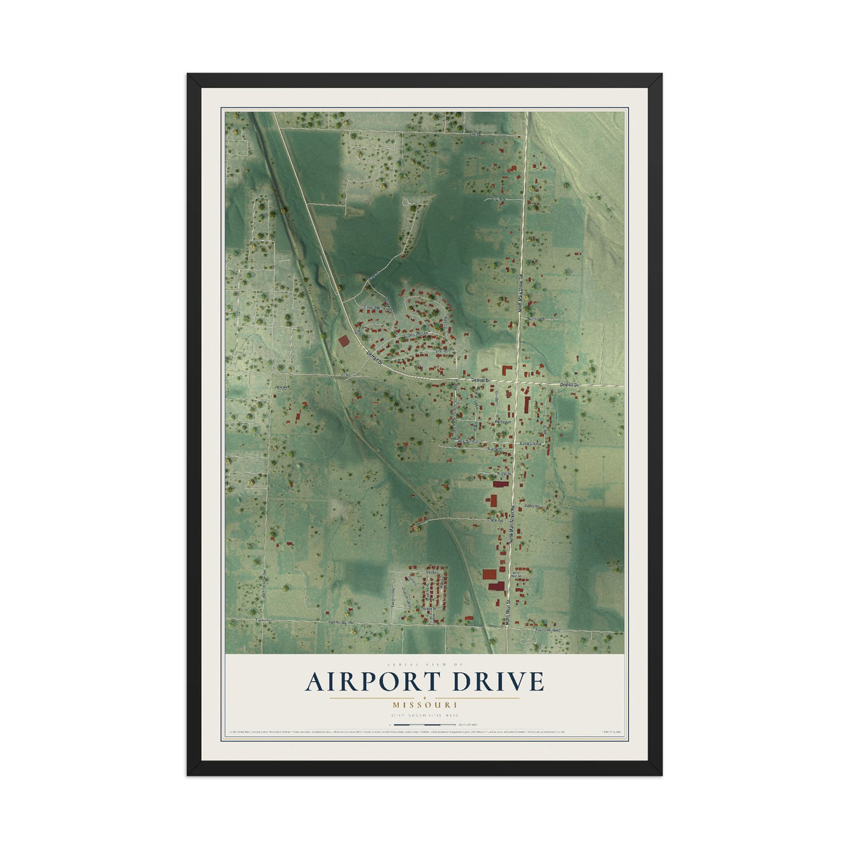Map of Airport Drive, Missouri, 12 x 18 inch print in a black wood frame