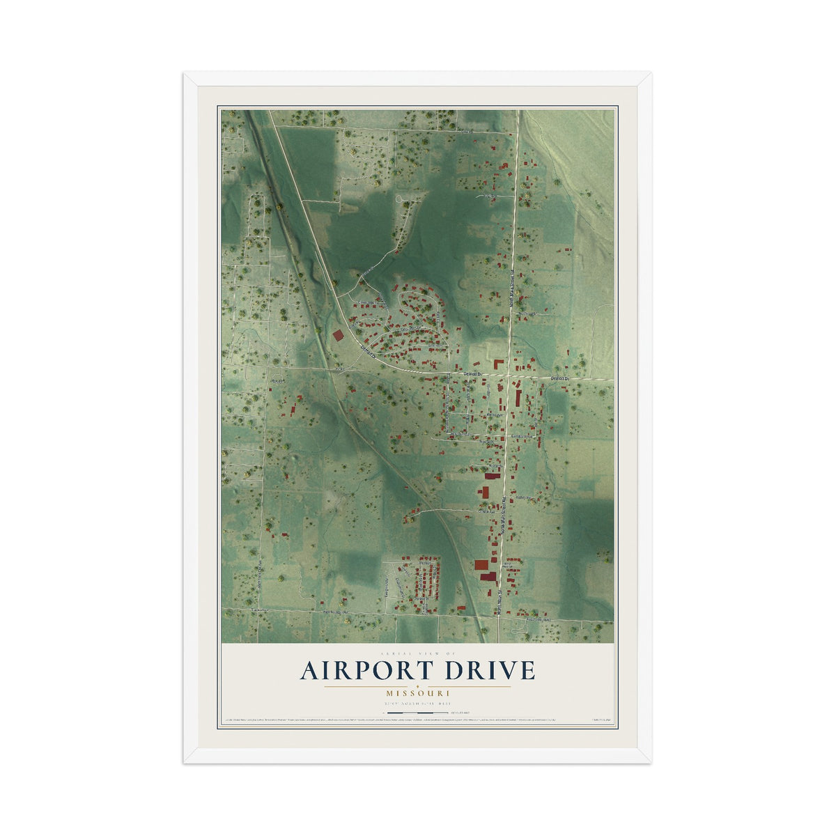 Map of Airport Drive, Missouri, 12 x 18 inch print in a white wood frame