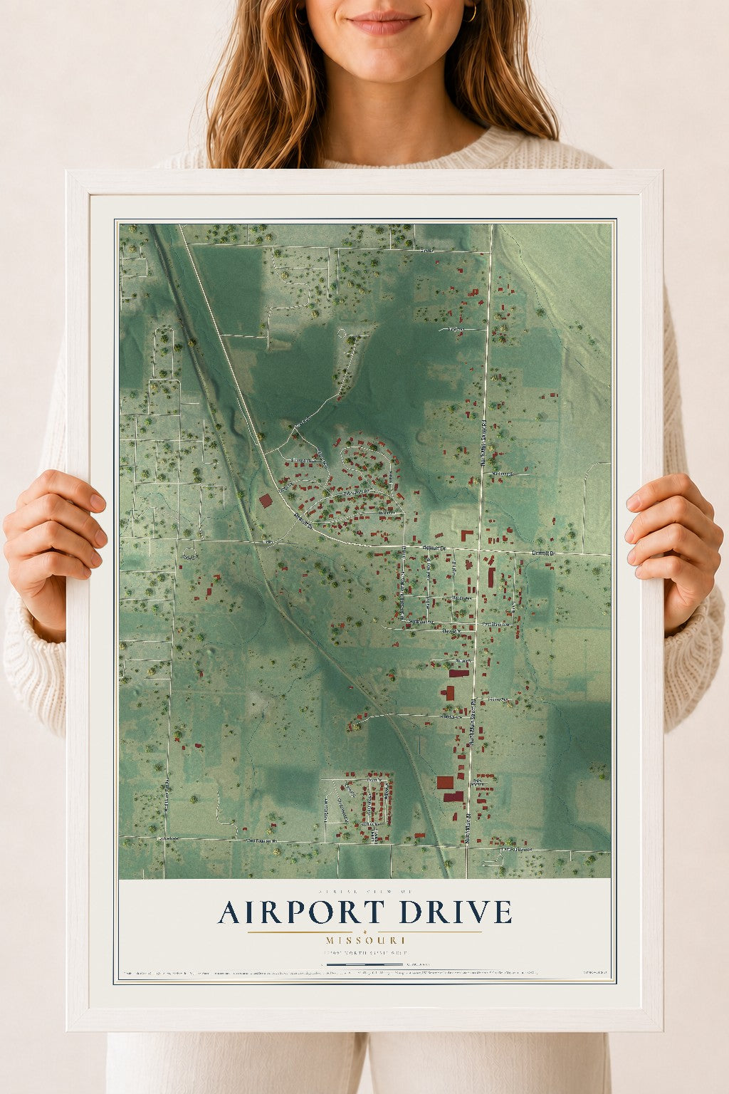 Map of Airport Drive, Missouri, 18 x 24 inch print in a white wood frame