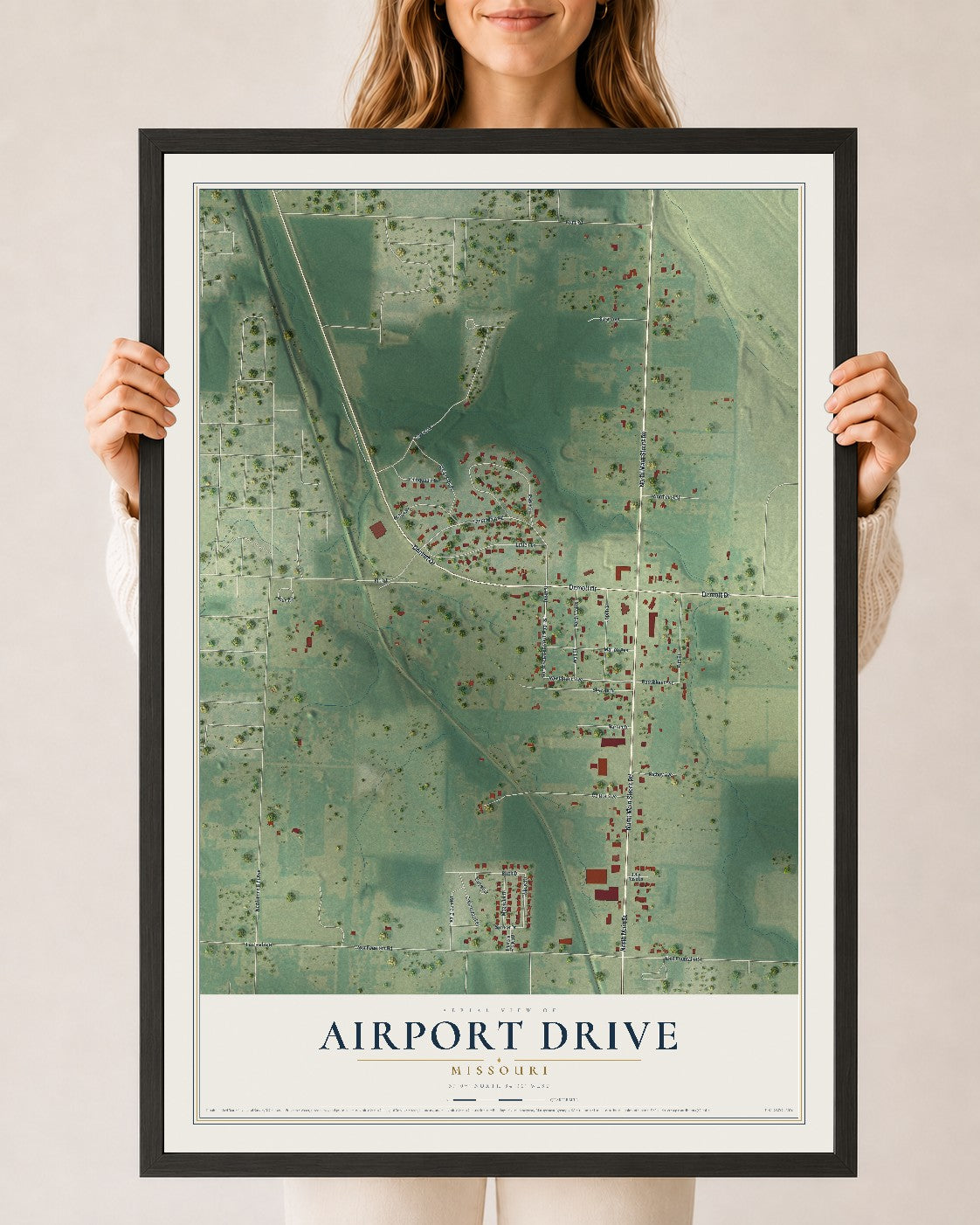 Map of Airport Drive, Missouri, 24 x 36 inch print in a black wood frame