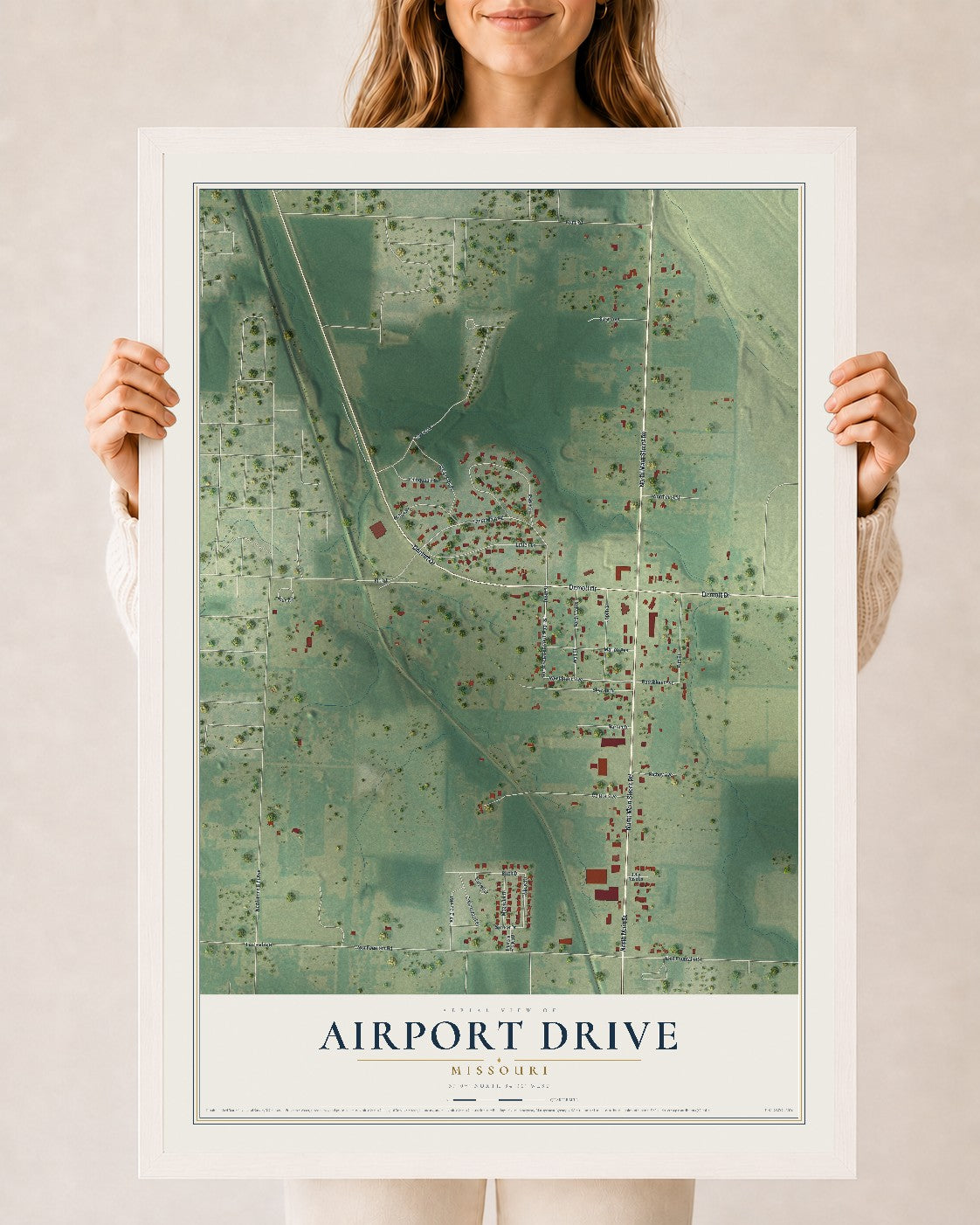 Map of Airport Drive, Missouri, 24 x 36 inch print in a white wood frame