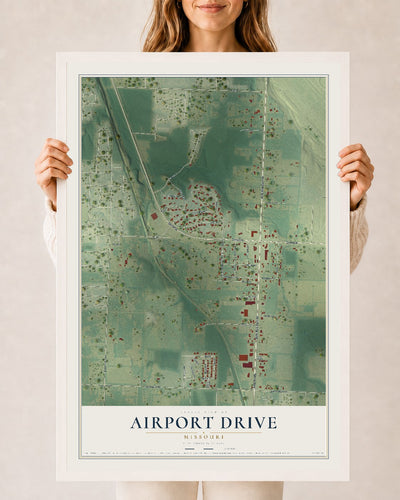 Map of Airport Drive, Missouri, 24 x 36 inch print in a white wood frame