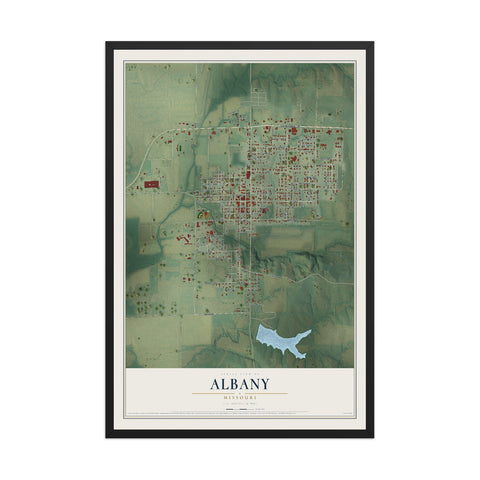 Map of Albany, Missouri, 12 x 18 inch print in a black wood frame