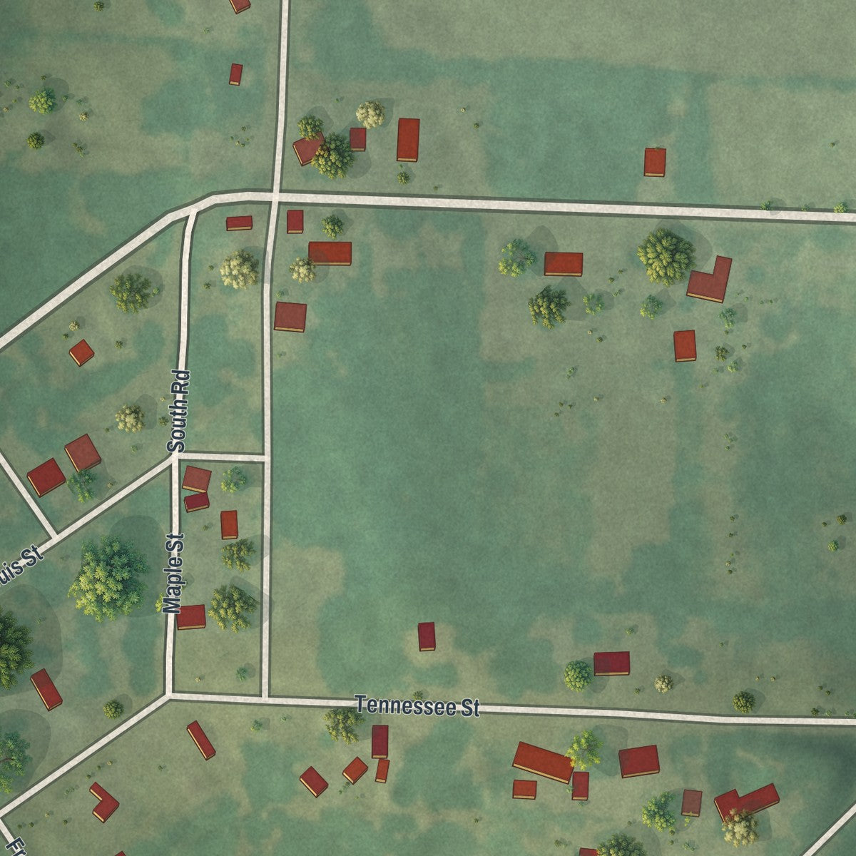 Close-up of the map of Aldrich, Missouri print showing street and building detail