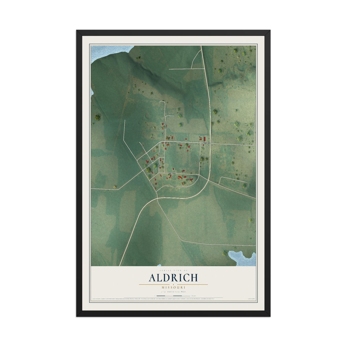 Map of Aldrich, Missouri, 12 x 18 inch print in a black wood frame