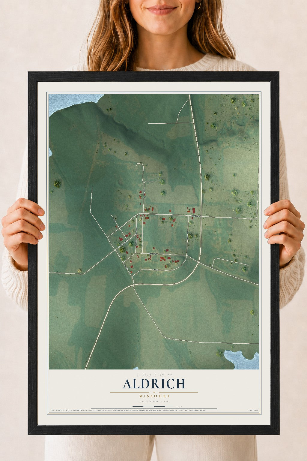 Map of Aldrich, Missouri, 18 x 24 inch print in a black wood frame