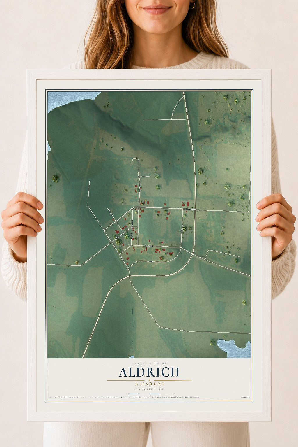 Map of Aldrich, Missouri, 18 x 24 inch print in a white wood frame