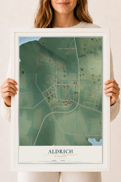 Map of Aldrich, Missouri, 18 x 24 inch print in a white wood frame