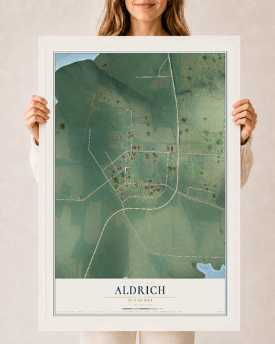 Map of Aldrich, Missouri, 24 x 36 inch print in a white wood frame