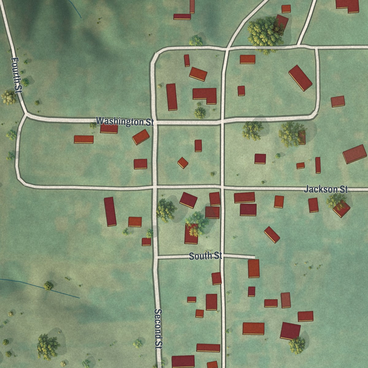 Close-up of the map of Allendale, Missouri print showing street and building detail