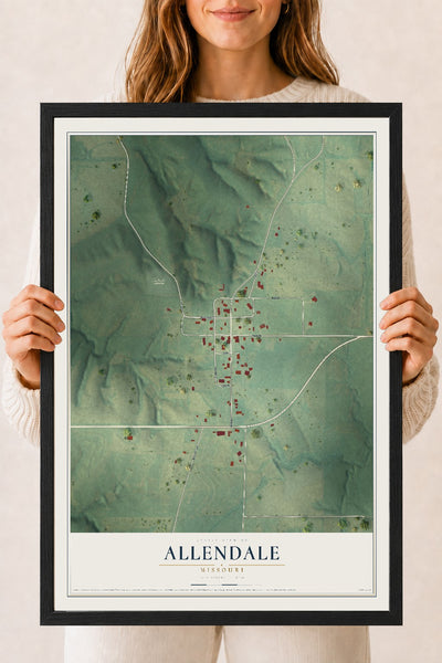 Map of Allendale, Missouri, 18 x 24 inch print in a black wood frame