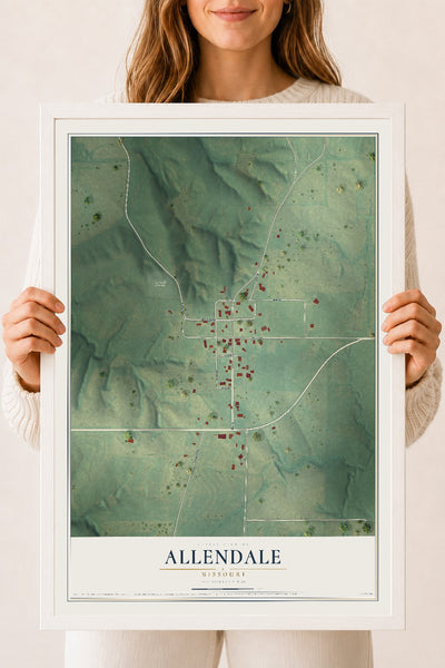 Map of Allendale, Missouri, 18 x 24 inch print in a white wood frame