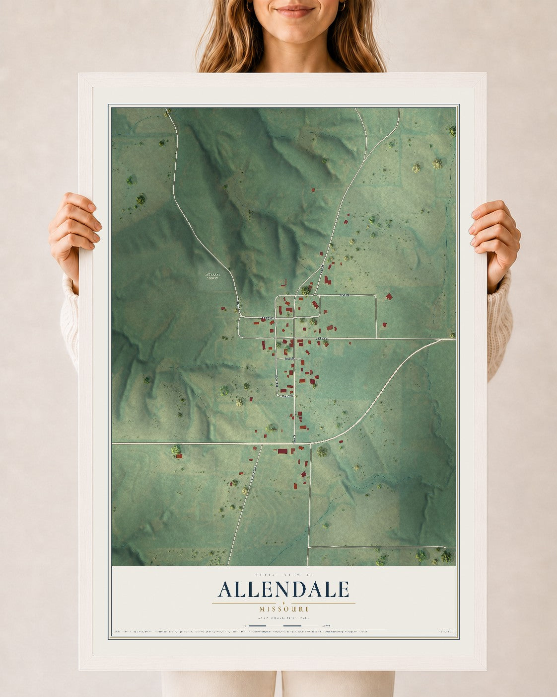 Map of Allendale, Missouri, 24 x 36 inch print in a white wood frame